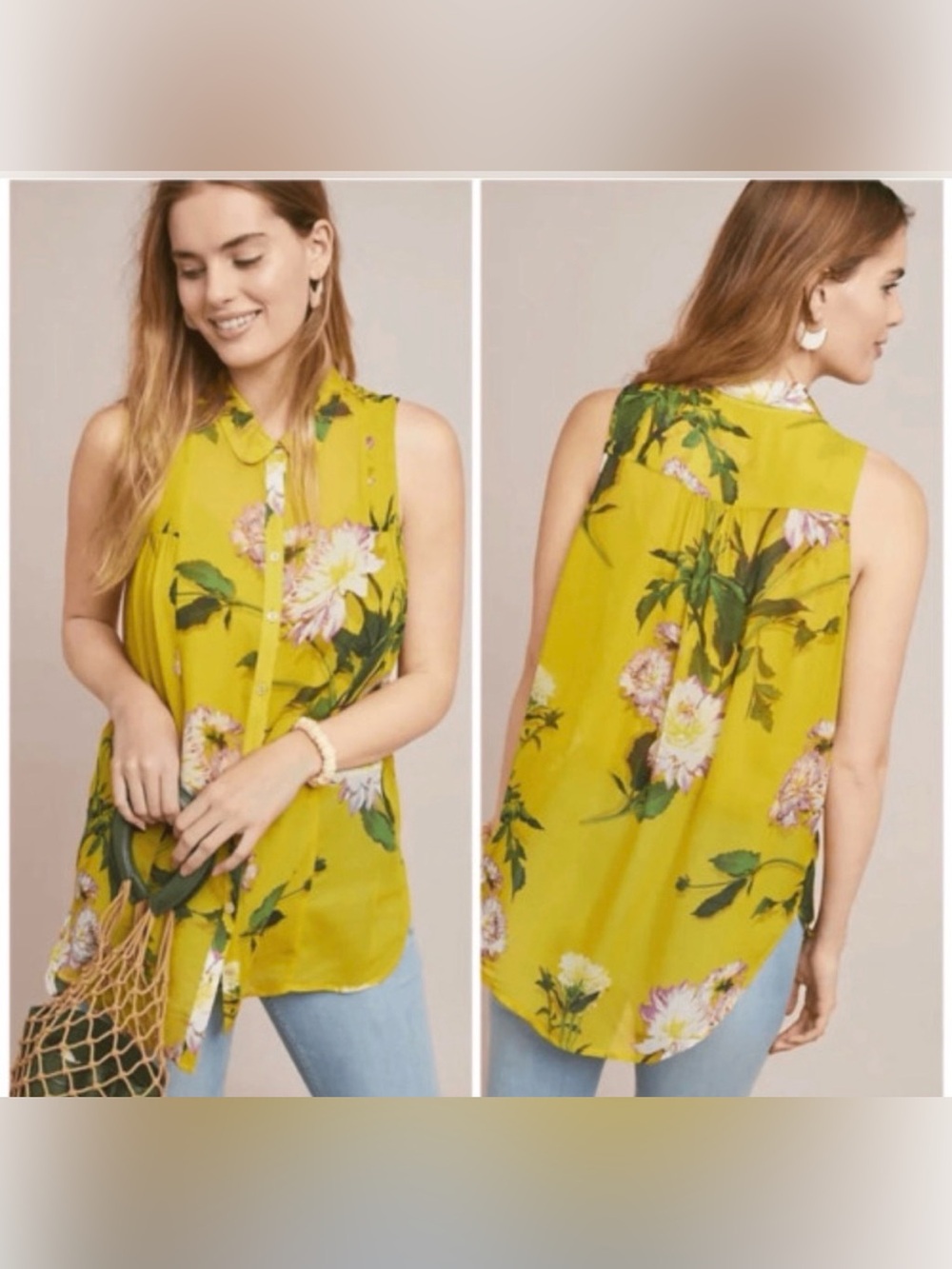 ANTHROPOLOGIE MAEVE OVERSIZED DUTCHESS YELLOW SHEER FLORAL BUTTON UP TANK SIZE 0